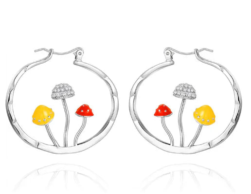 Silver hoop earrings with colorful flower designs on a white background