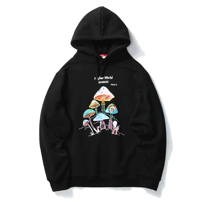 Black hoodie with colorful mushroom design on a white background