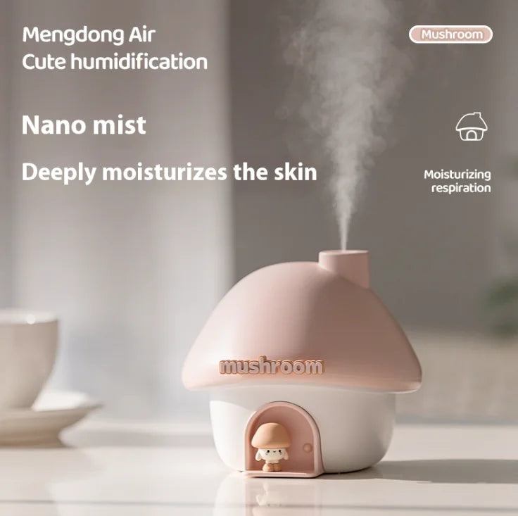 Pink mushroom-shaped humidifier with steam rising, on a neutral background.