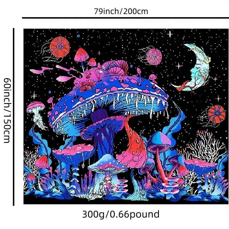 Colorful mushroom artwork with measurements on a black background