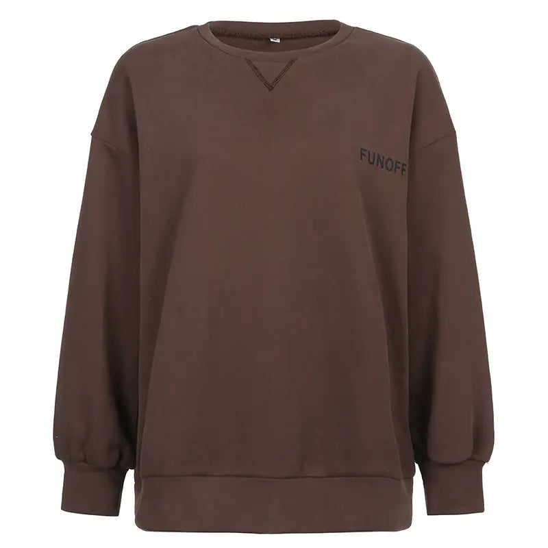 Brown sweatshirt with 'FUNOFF' logo on a white background