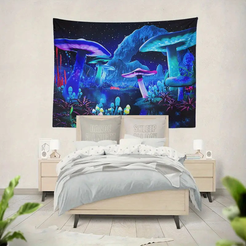 Bedroom with a tapestry featuring a fantasy mushroom landscape on the wall.