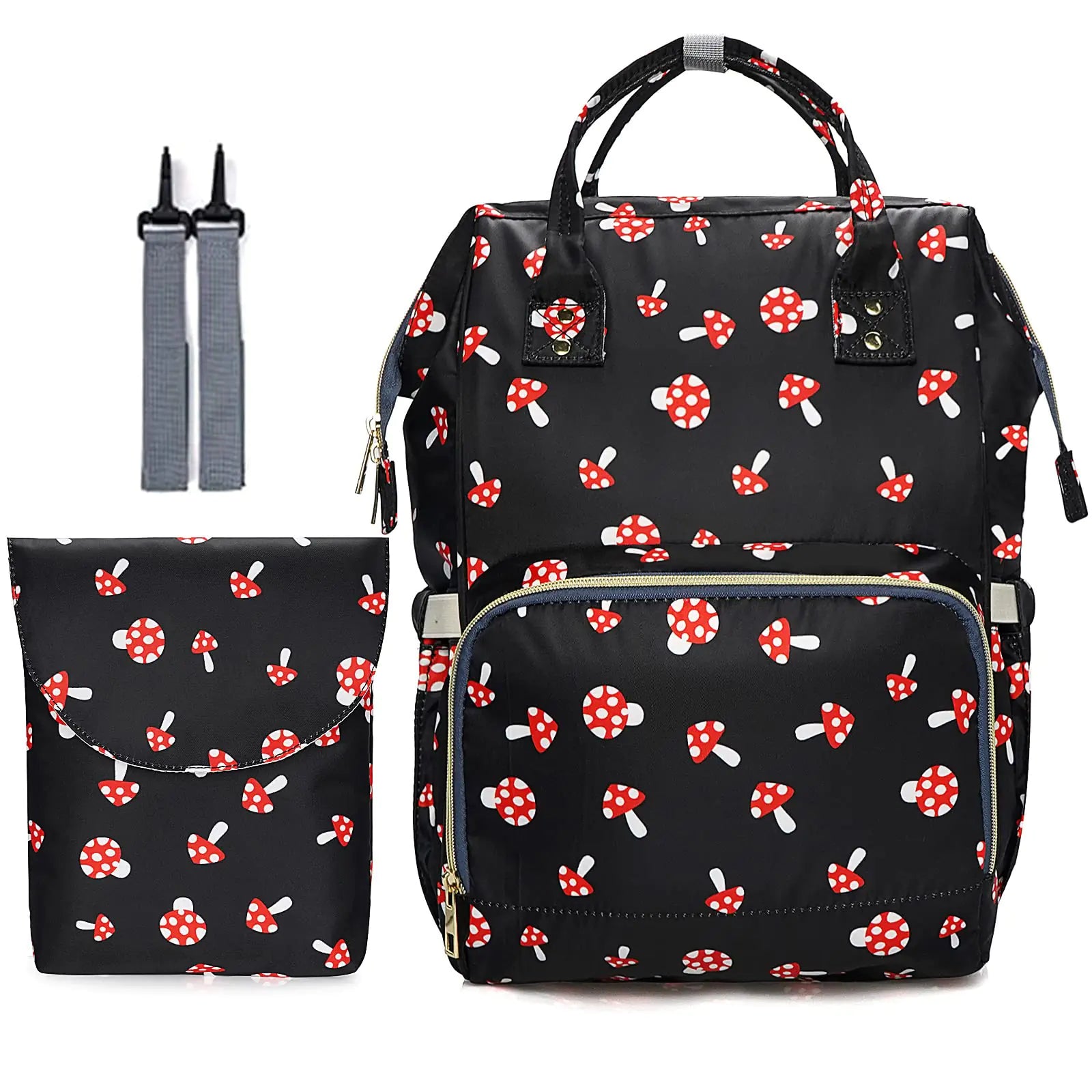 Black backpack with red and white mushroom pattern and matching pouch on a white background