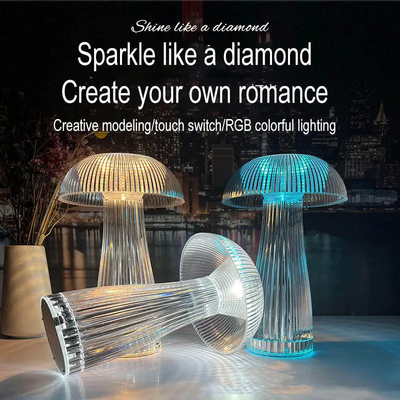 Three mushroom-shaped lamps with RGB lighting on a reflective surface at night.