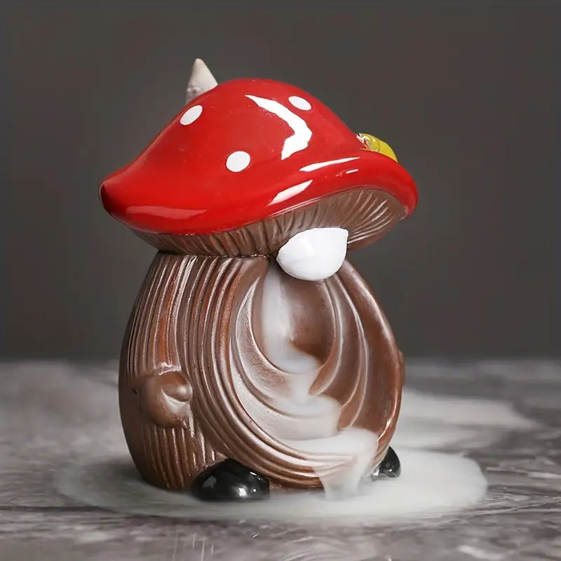 Mushroom-shaped figurine with a red cap on a dark background